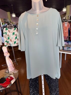 Zenana Outfitters Sage Green Button-Front Flutter Sleeve Blouse